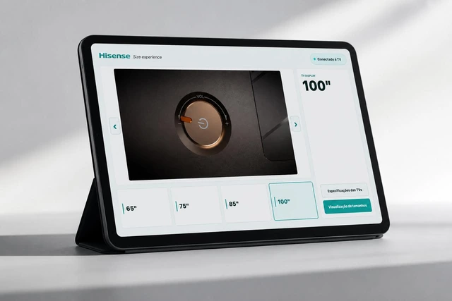 Interface de comparação de tamanhos de televisores num tablet.